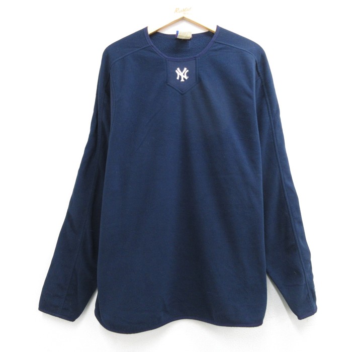 L★古着 マジェスティック Majestic 長袖 ジャケット メンズ 00年代 00s MLB ニューヨークヤンキース メジャーリーグ ベースボール 野球 フリース ポリエステル クルーネック ネイビー 26oct06