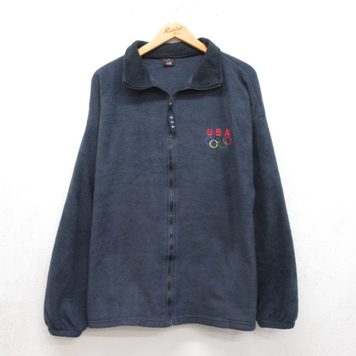 L★古着 長袖 ジャケット フルジップ メンズ 90年代 90s フリース USAオリンピック 刺繍ロゴ ポリエステル USA製 ネイビー 26oct06