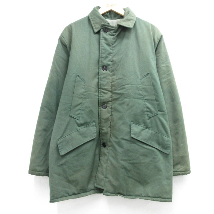 L★古着 長袖 ジャケット メンズ 80年代 80s ロング丈 キルティング フラップポケット グリーン 26oct06