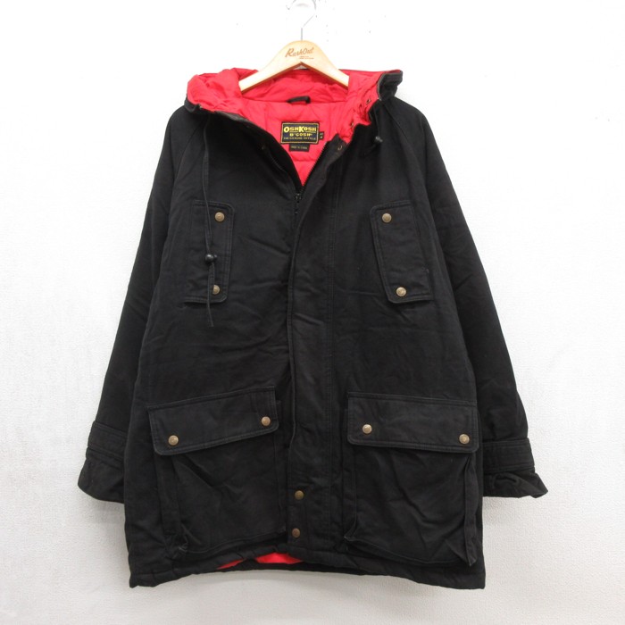L★古着 OshKosh 長袖 ジャケット パーカー メンズ 90年代 90s ロング丈 フラップポケット キルティング コットン ブラック 26oct06