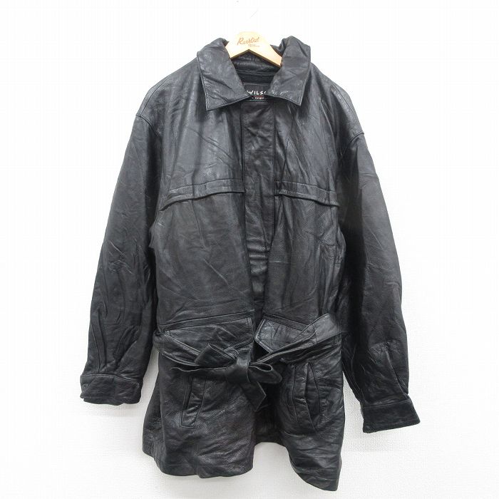 XL★古着 ウィルソン 長袖 レザー コート メンズ シンサレート ロング丈 黒 ブラック 内側フリース 【spe】 24nov05 中古 アウター