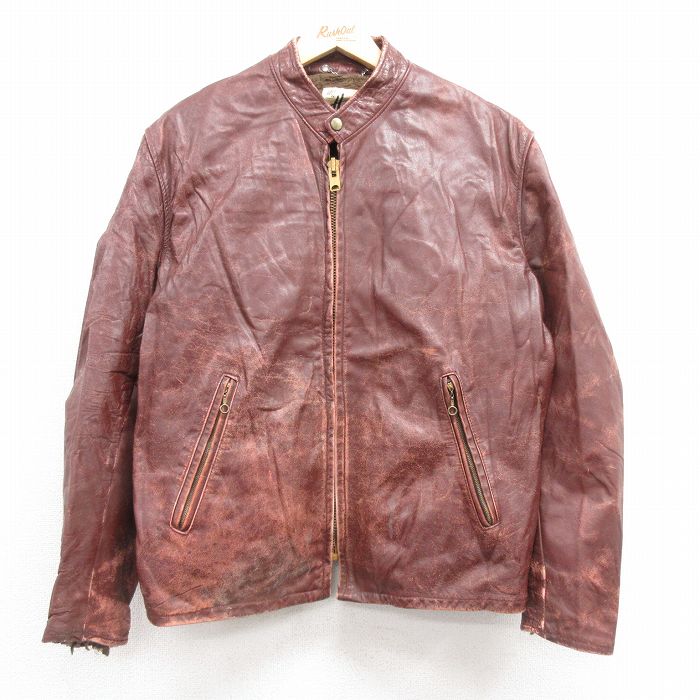 【20%OFF】L★古着 長袖 ビンテージ レザー ジャケット メンズ 70年代 70s シングルライダース スタンドカラー タロン エンジ 内側ファー 25feb03 中古 アウター 革ジャン 皮ジャン