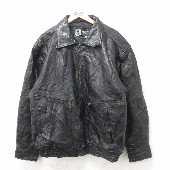 XL★古着 長袖 レザー ジャケット メンズ パッチワーク 黒 ブラック 25feb10 中古 アウター 革ジャン 皮ジャン
