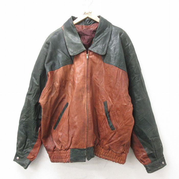 L★古着 長袖 レザー ジャケット メンズ 90年代 90s ツートンカラー 大きいサイズ ラグラン タロン 茶他 ブラウン 内側キルティング 【spe】 25feb10 中古 アウター 革ジャン 皮ジャン