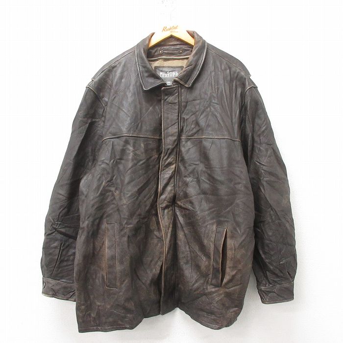XL★古着 ウィルソン 長袖 レザー ジャケット メンズ 大きいサイズ ロング丈 こげ茶 ブラウン 25feb20 中古 アウター 革ジャン 皮ジャン