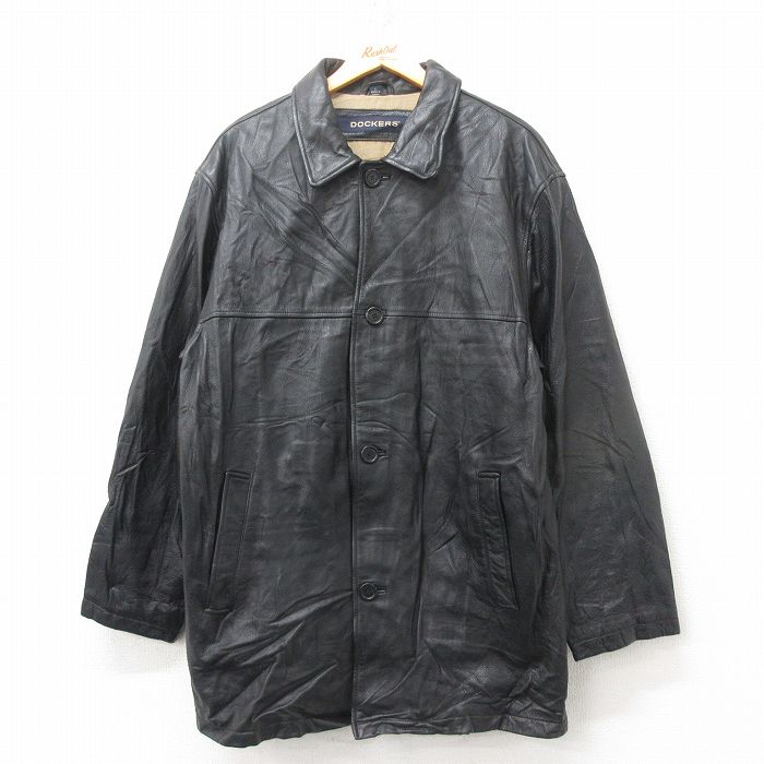 XL★古着 ドッカーズ 長袖 レザー ジャケット メンズ ロング丈 黒 ブラック 25feb20 中古 アウター 革ジャン 皮ジャン