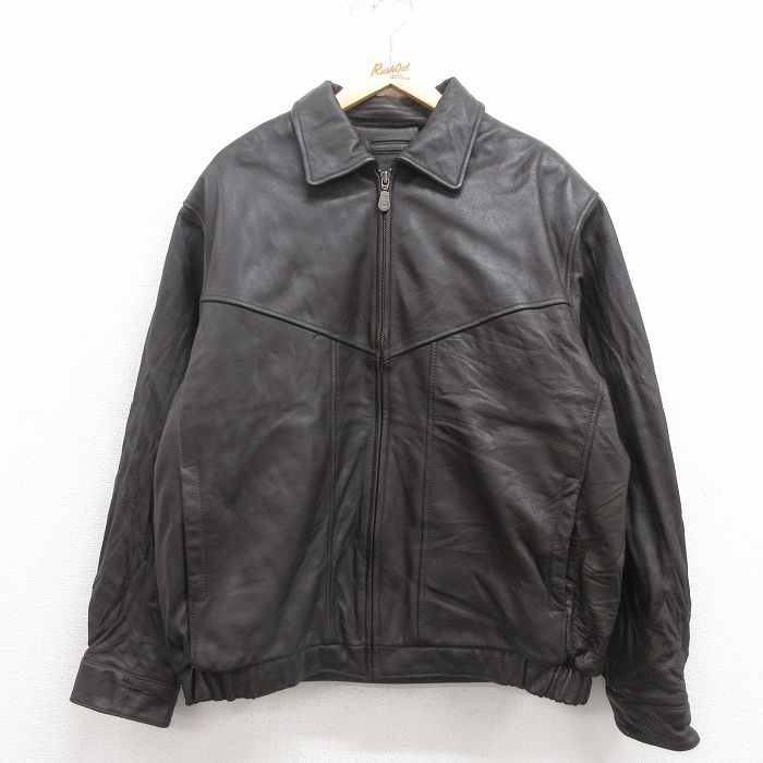 XL★古着 長袖 レザー ジャケット メンズ 大きいサイズ こげ茶 ブラウン 25sep29 中古 アウター 革ジャン 皮ジャン