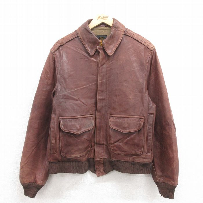 L★古着 アビレックス アヴィレックス 長袖 ミリタリー レザー ジャケット メンズ 90年代 90s A-2 こげ茶 ブラウン 25sep29 中古 アウター 革ジャン 皮ジャン