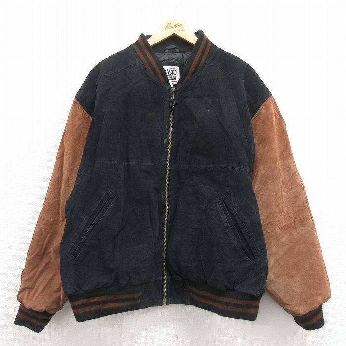 XL★古着 ベーシックエディションズ 長袖 スエード レザー ジャケット メンズ 00年代 00s ツートンカラー 黒他 ブラック 内側キルティング 25sep29 中古 アウター 革ジャン 皮ジャン