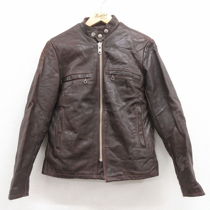 XS★古着 長袖 ビンテージ レザー ジャケット メンズ 70年代 70s シングルライダース USA製 タロン こげ茶 ブラウン 内側ボア 【spe】 25sep29 中古 アウター 革ジャン 皮ジャン