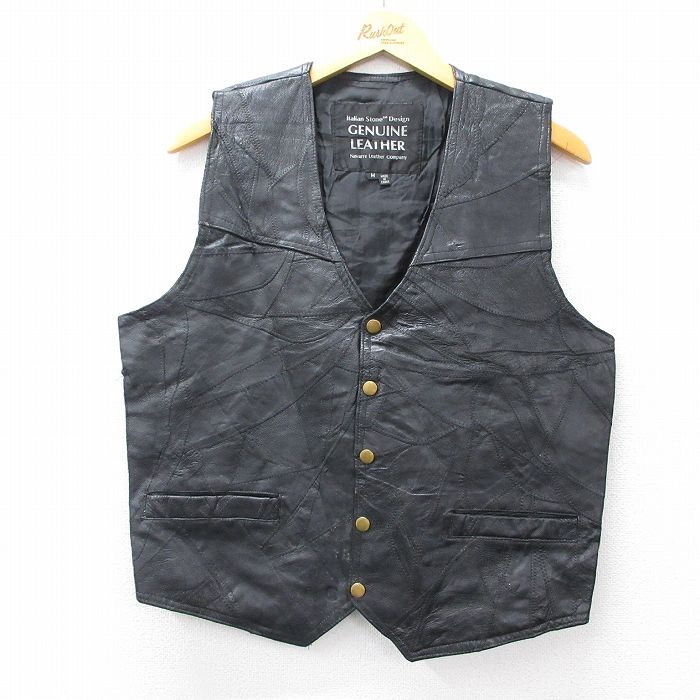 M★古着 レザー ベスト メンズ 黒 ブラック 25oct06 中古 アウター