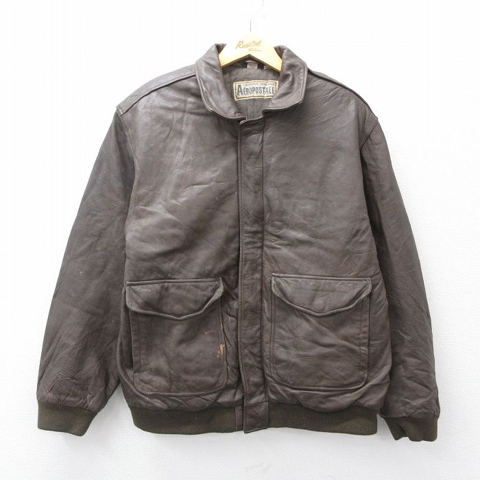 XL★古着 エアロポステール AEROPOSTALE 長袖 レザー ジャケット メンズ 00年代 00s 濃茶 ブラウン 25oct06 中古 アウター 革ジャン 皮ジャン
