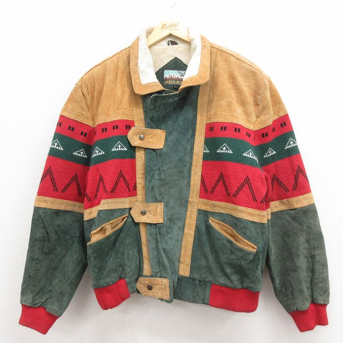 XL★古着 長袖 スエード レザー ジャケット メンズ 00年代 00s マルチカラー 緑 グリーン 内側ボア 25oct04 中古 アウター 革ジャン 皮ジャン