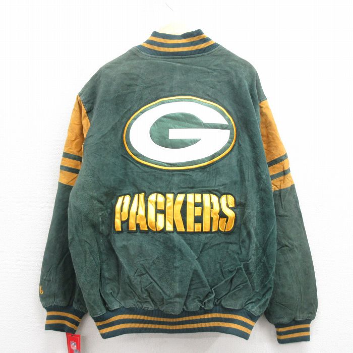 【20%OFF】XL★古着 長袖 スエード レザー ジャケット スタジャン メンズ NFL グリーンベイパッカーズ 大きいサイズ デッドストック 緑 グリーン 内側キルティング アメフト スーパーボウル 【spe】 25oct04 中古 アウター 革ジャン 皮ジャン