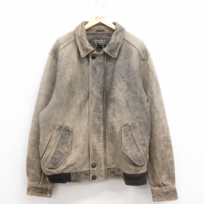 XL★古着 エディーバウアー 長袖 レザー ジャケット メンズ 大きいサイズ ベージュ カーキ 25oct04 中古 アウター 革ジャン 皮ジャン