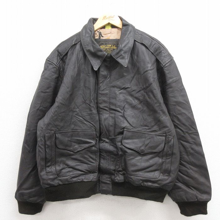 XL★古着 長袖 レザー ジャケット メンズ ミリタリー A-2 黒 ブラック 25oct04 中古 アウター 革ジャン 皮ジャン