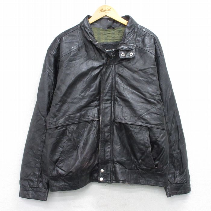 XL★古着 ピエールカルダン pierre cardin 長袖 レザー ジャケット メンズ 90年代 90s 黒 ブラック 内側キルティング 25oct27 中古 アウター 革ジャン 皮ジャン