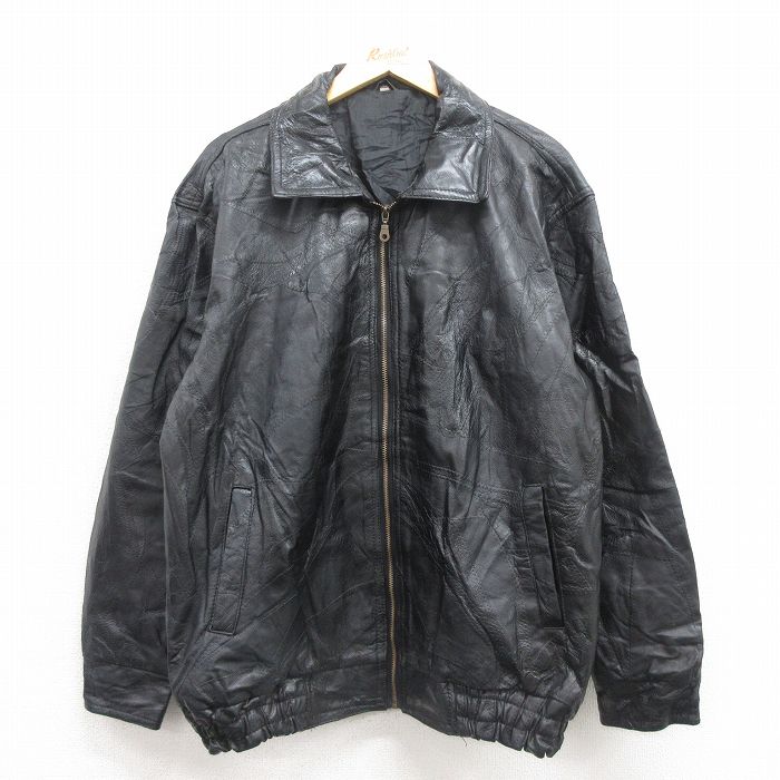 XL★古着 長袖 レザー ジャケット メンズ パッチワーク 黒 25nov12