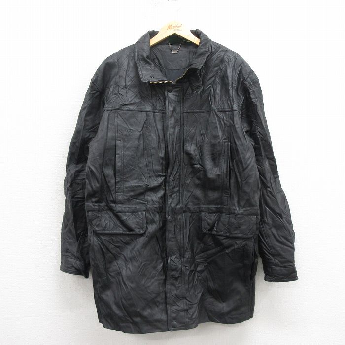 XL★古着 長袖 レザー ジャケット コート メンズ 大きいサイズ ロング丈 黒 25nov12