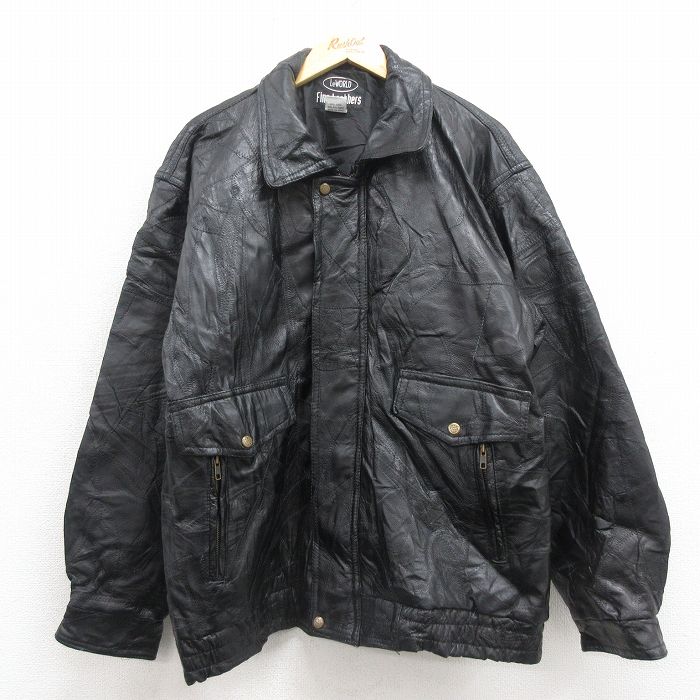 XL★古着 長袖 レザー ジャケット メンズ パッチワーク 大きいサイズ 黒 25nov12