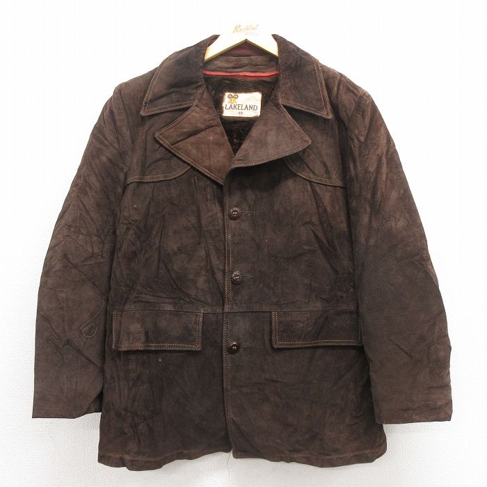 L★古着 LAKELAND 長袖 スエード レザー ジャケット メンズ 80年代 80s こげ茶 内側ボア 25nov12