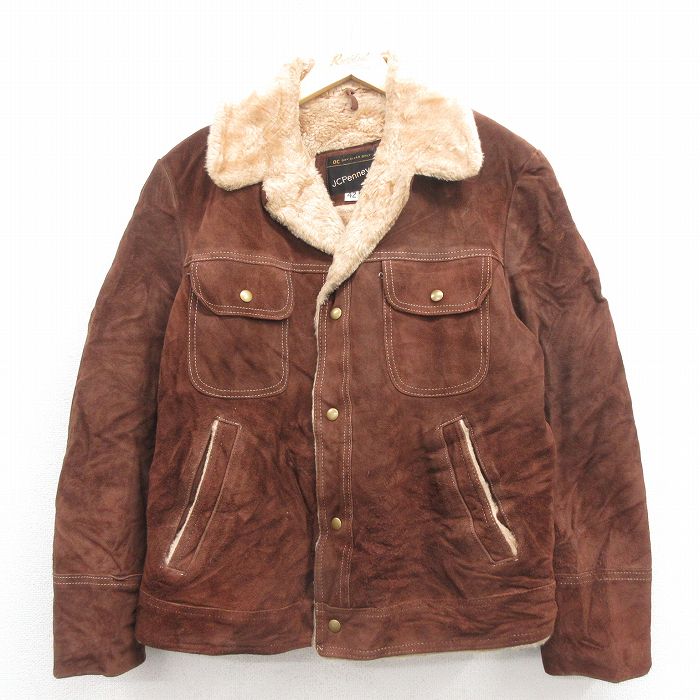 L★古着 JCペニー 長袖 スエード レザー ジャケット メンズ 80年代 80s こげ茶 内側ボア【spe】 25nov12