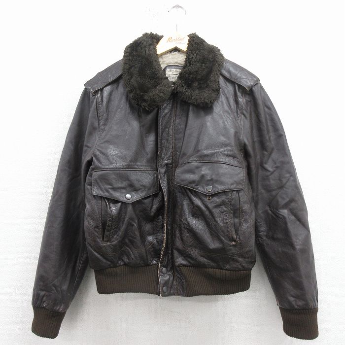 L★古着 長袖 レザー ジャケット メンズ 80年代 80s 襟フェイクファー こげ茶 内側ボア 25dec15