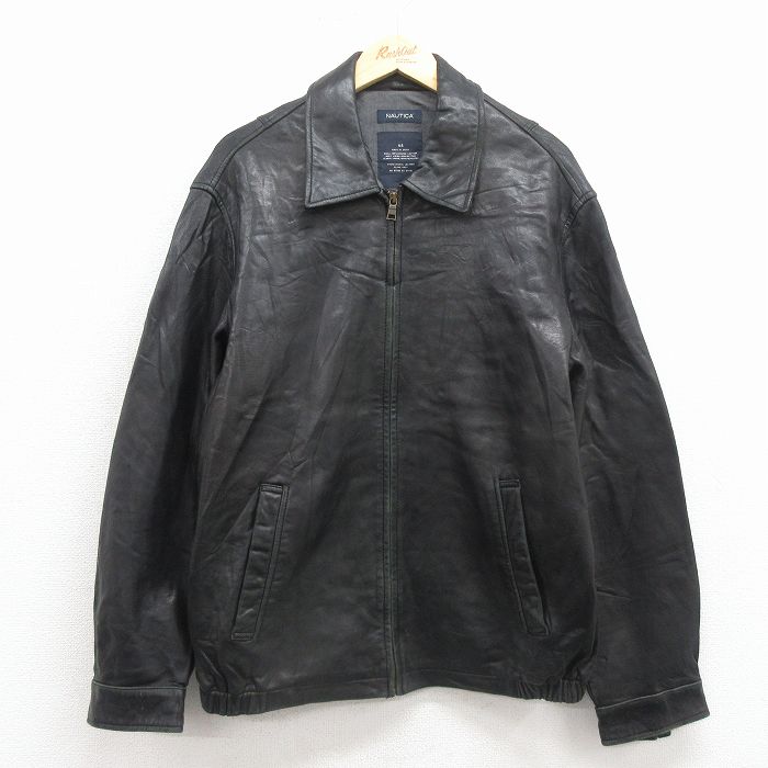 XL★古着 ノーティカ 長袖 ブランド レザー ジャケット メンズ ワンポイントロゴ 黒 25dec17