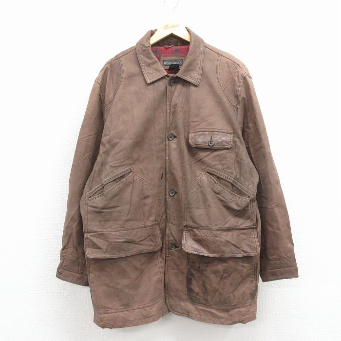 XL★古着 バナナリパブリック 長袖 レザー ハンティング ジャケット メンズ 00年代 00s 大きいサイズ ロング丈 茶 25dec17