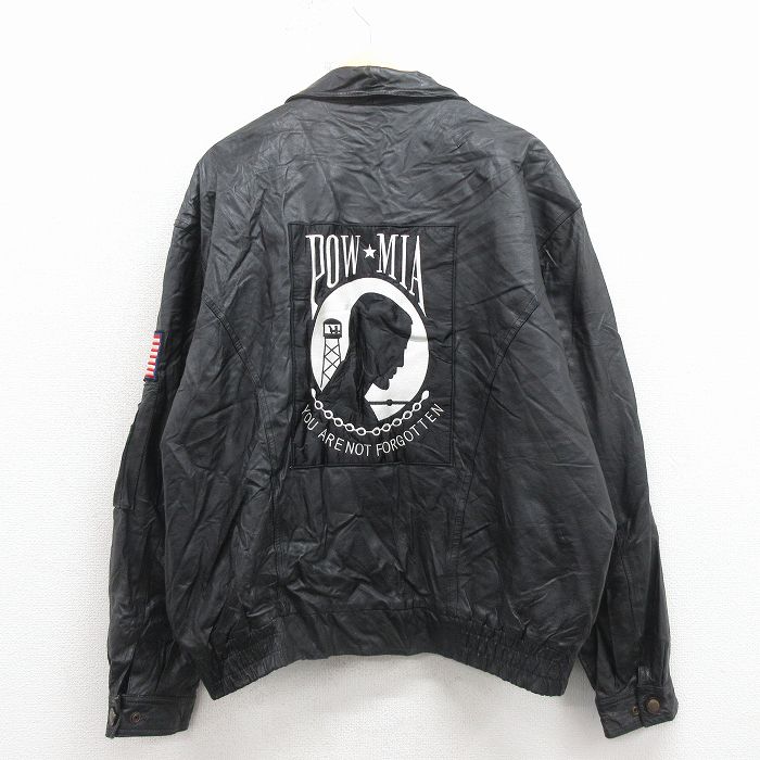 XL★古着 長袖 レザー ジャケット メンズ POWMIA 大きいサイズ 黒 内側キルティング 25dec19