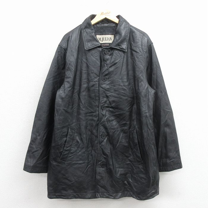 XL★古着 ウィルソン 長袖 レザー ジャケット コート メンズ ロング丈 黒 内側キルティング【spe】 26jan08