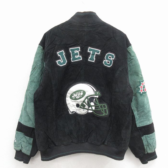 XL★古着 長袖 スエード レザー ジャケット メンズ NFL ニューヨークジェッツ ツートンカラー 黒 内側キルティング アメフト スーパーボウル【spe】 26jan09