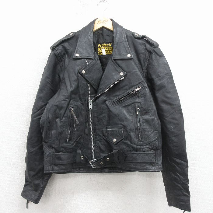 XL★古着 長袖 レザー ジャケット メンズ 00年代 00s ダブルライダース 黒 内側キルティング 26jan09
