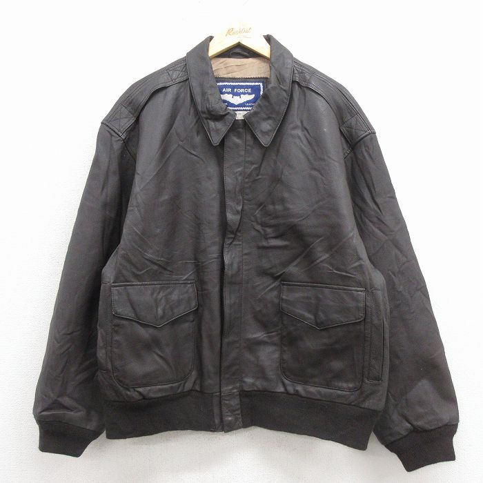 XL★古着 長袖 レザー ジャケット メンズ エアフォース 大きいサイズ こげ茶 26jan22