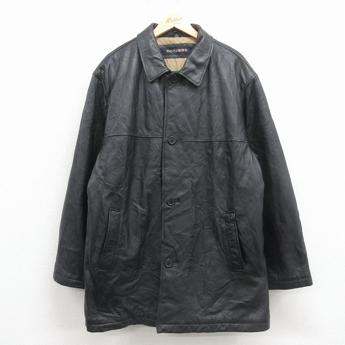 XL★古着 ドッカーズ 長袖 レザー ジャケット コート メンズ ロング丈 カウレザー 大きいサイズ 黒【spe】 26jan22