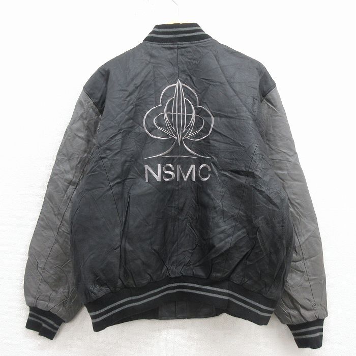 XL★古着 長袖 レザー ジャケット メンズ NSMC 刺繍 ツートンカラー 黒他 26jan22