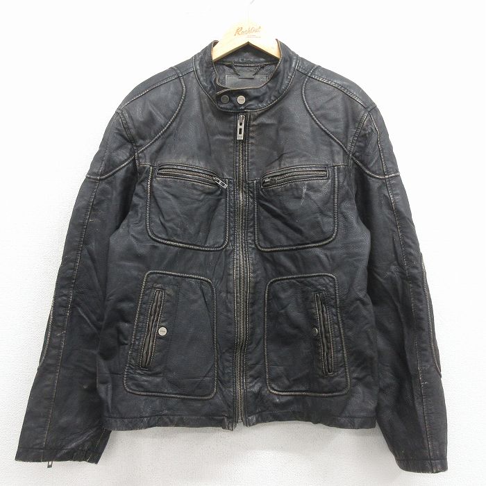 L★古着 ゲス GUESS 長袖 レザー ジャケット メンズ 黒 内側キルティング【spe】 26jan23