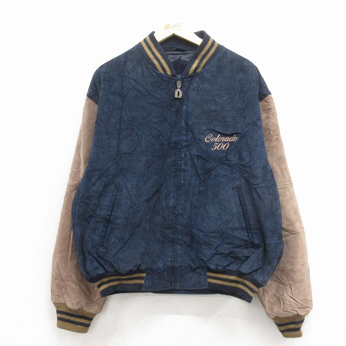 XL★古着 Dunbrooke 長袖 スエード レザー ジャケット スタジャン メンズ コロラド ツートンカラー 紺他 26jan23