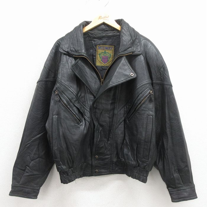 XL★古着 長袖 レザー ジャケット メンズ ラグラン 黒 26jan24