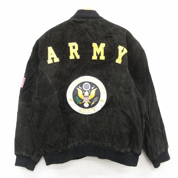 XL★古着 長袖 スエード レザー ジャケット メンズ ミリタリー アーミー ＡＲＭＹ 大きいサイズ 黒 内側キルティング 26feb13