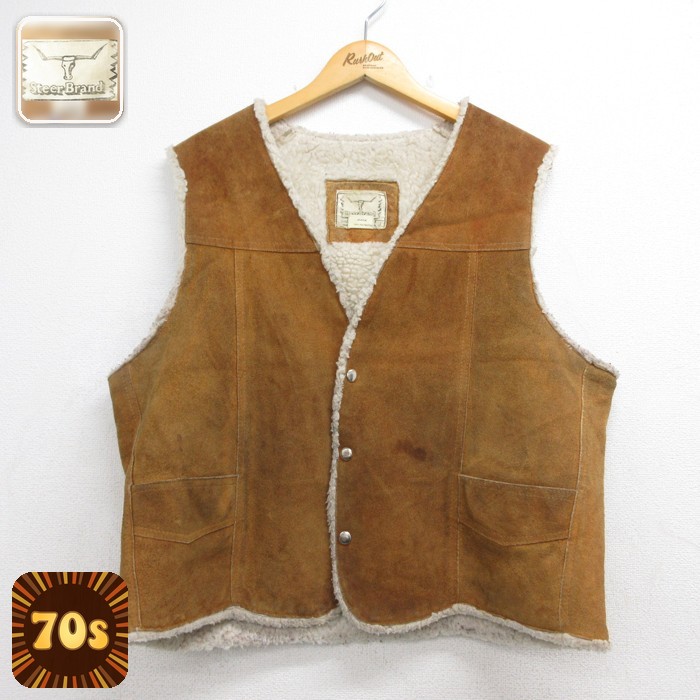 Steer Brand レザー ジャケット 70s スエード ベスト Vネック ブラウン メンズL相当 | 古着