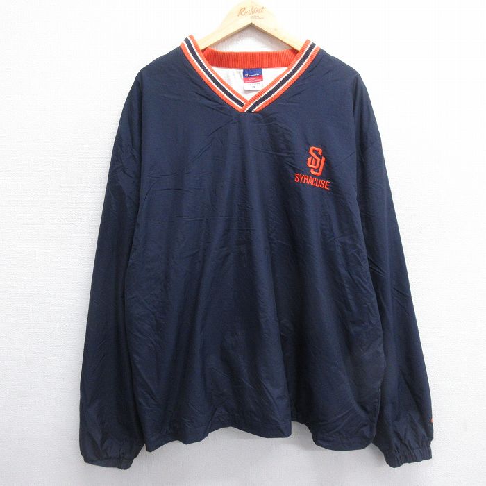 XL★古着 チャンピオン champion 長袖 ナイロン ジャケット メンズ 00年代 00s シラキュース 大きいサイズ Vネック 紺他 ネイビー 24dec09 中古 アウター ウインドブレーカー