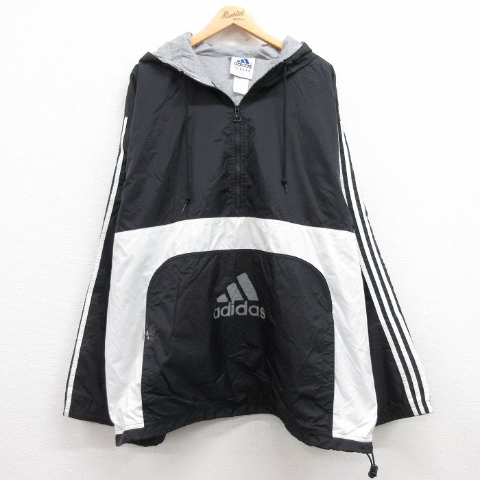 【50%OFF】XL★古着 アディダス adidas 長袖 ハーフジップ ナイロン ジャケット パーカー メンズ 90年代 90s ビッグロゴ 大きいサイズ ロング丈 黒 ブラック 3本ライン 24dec10 中古 アウター ウインドブレーカー