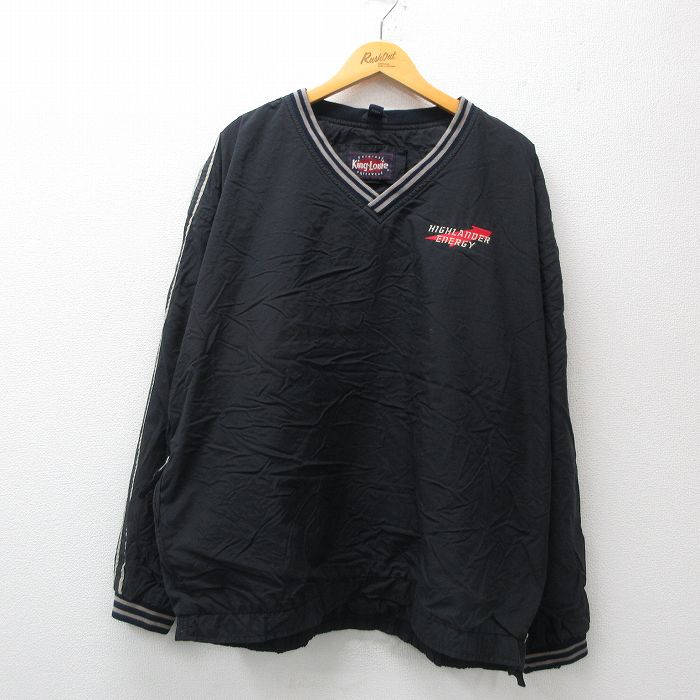 XL★古着 キングルイ 長袖 ナイロン ジャケット メンズ HIGHLANDER ENERGY 大きいサイズ Vネック 黒 ブラック 内側メッシュ 24dec11 中古 アウター ウインドブレーカー
