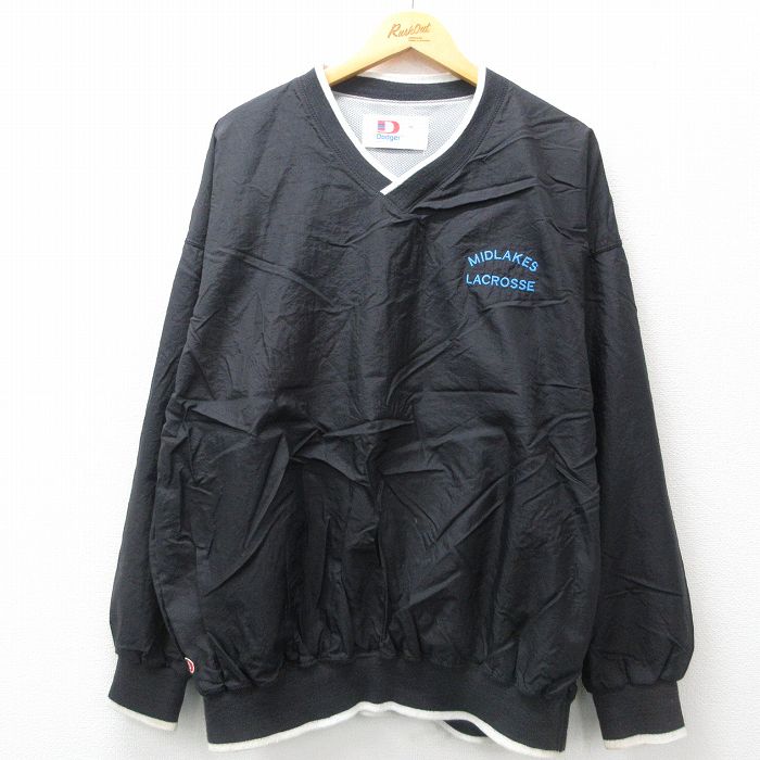 XL★古着 長袖 ナイロン ジャケット メンズ 90年代 90s MIDLAKES ラクロス Vネック USA製 黒 ブラック 内側メッシュ 24dec11 中古 アウター ウインドブレーカー