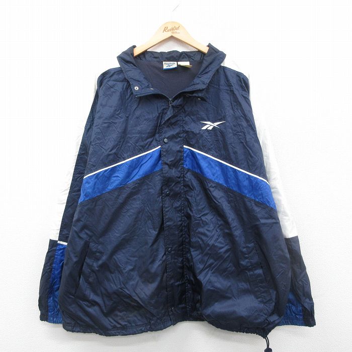 【20%OFF】XL★古着 リーボック REEBOK 長袖 ナイロン ジャケット メンズ 00年代 00s ビッグロゴ 大きいサイズ ロング丈 紺他 ネイビー 24dec13 中古 アウター ウインドブレーカー