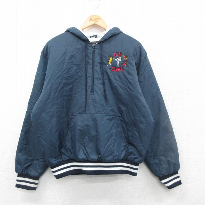 XL★古着 長袖 フルジップ ナイロン ジャケット パーカー メンズ 90年代 90s KID 空手 紺 ネイビー 内側キルティング 24dec13 中古 アウター ウインドブレーカー