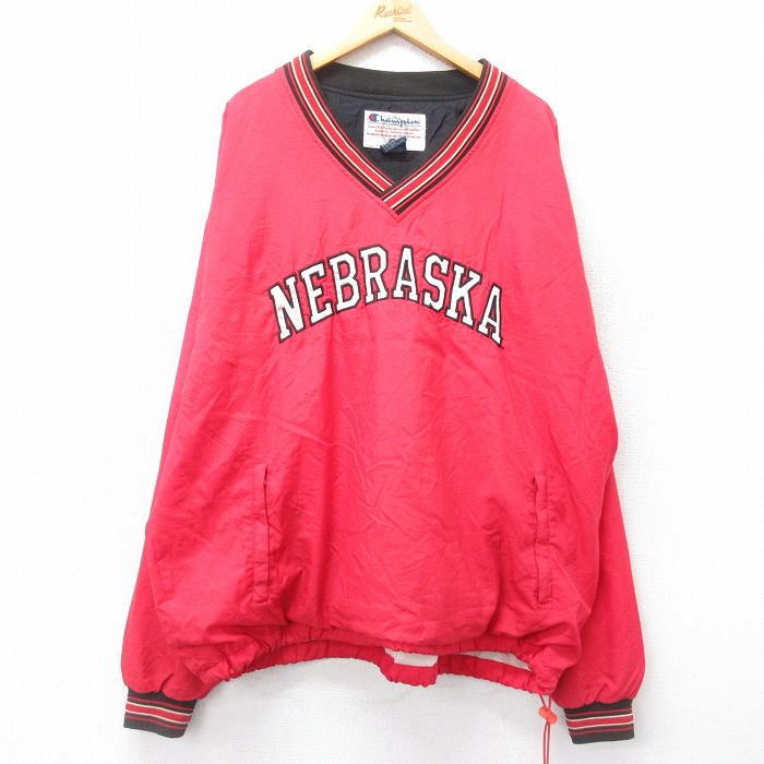 XL★古着 チャンピオン Champion 長袖 ナイロン ジャケット メンズ 00年代 00s NEBRASKA 大きいサイズ Vネック 赤 レッド 24dec17 中古 アウター ウインドブレーカー