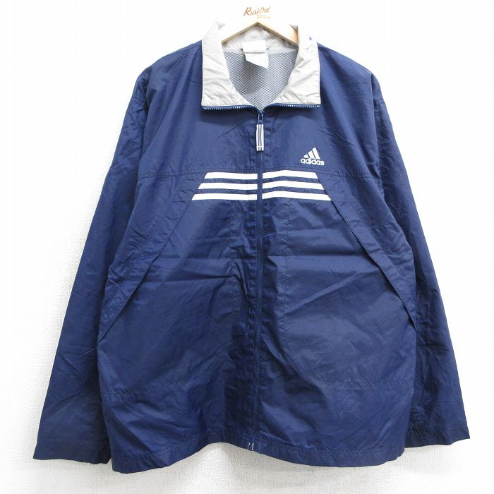 【20%OFF】L★古着 アディダス adidas 長袖 ナイロン ジャケット メンズ 90年代 90s ワンポイントロゴ 紺 ネイビー 内側メッシュ 25jan18 中古 アウター ウインドブレーカー