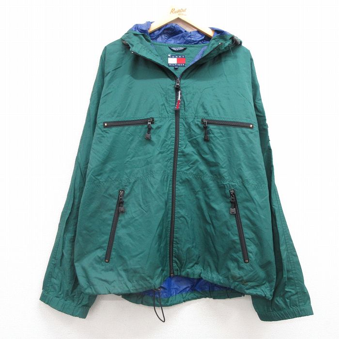 XL★古着 トミーヒルフィガー TOMMY HILFIGER 長袖 ブランド ナイロン ジャケット パーカー メンズ 90年代 90s リップストップ 大きいサイズ 緑 グリーン 【spe】 25feb05 中古 アウター ウインドブレーカー